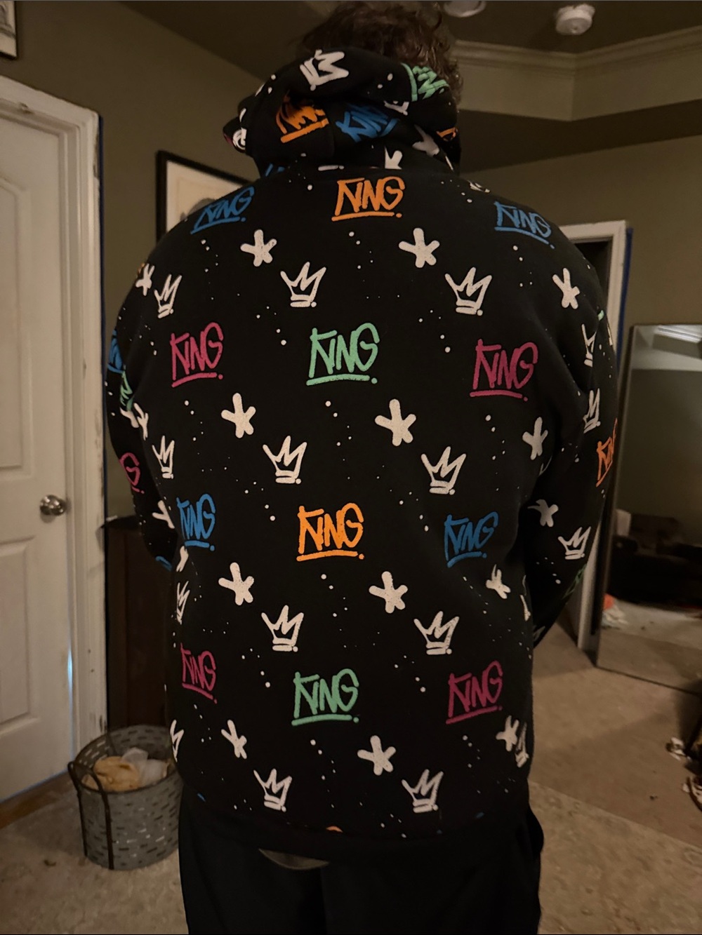 Black 'KING' Graphic Hoodie with Multicolor Prints
